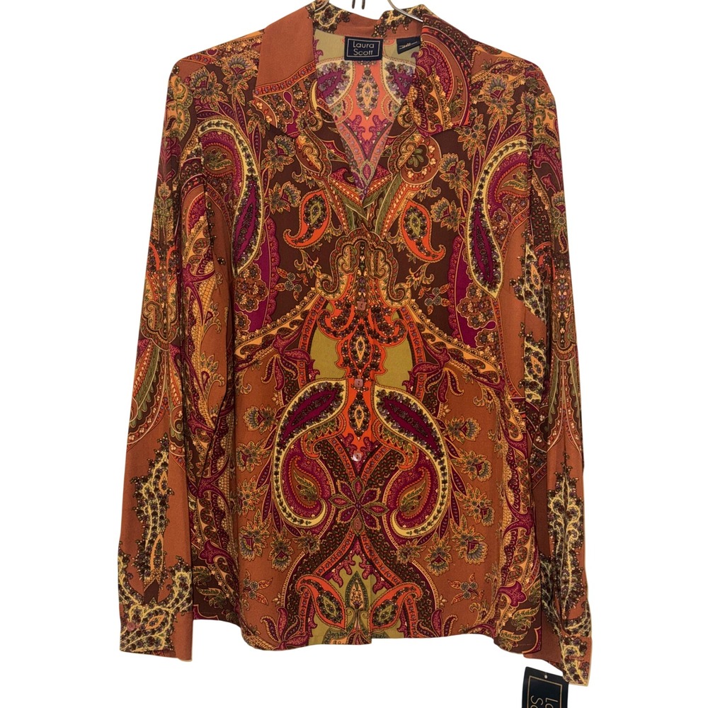 Laura Scott Women Paisley Georgette Blouse Rust Orange Long Sleeve Button Up 14